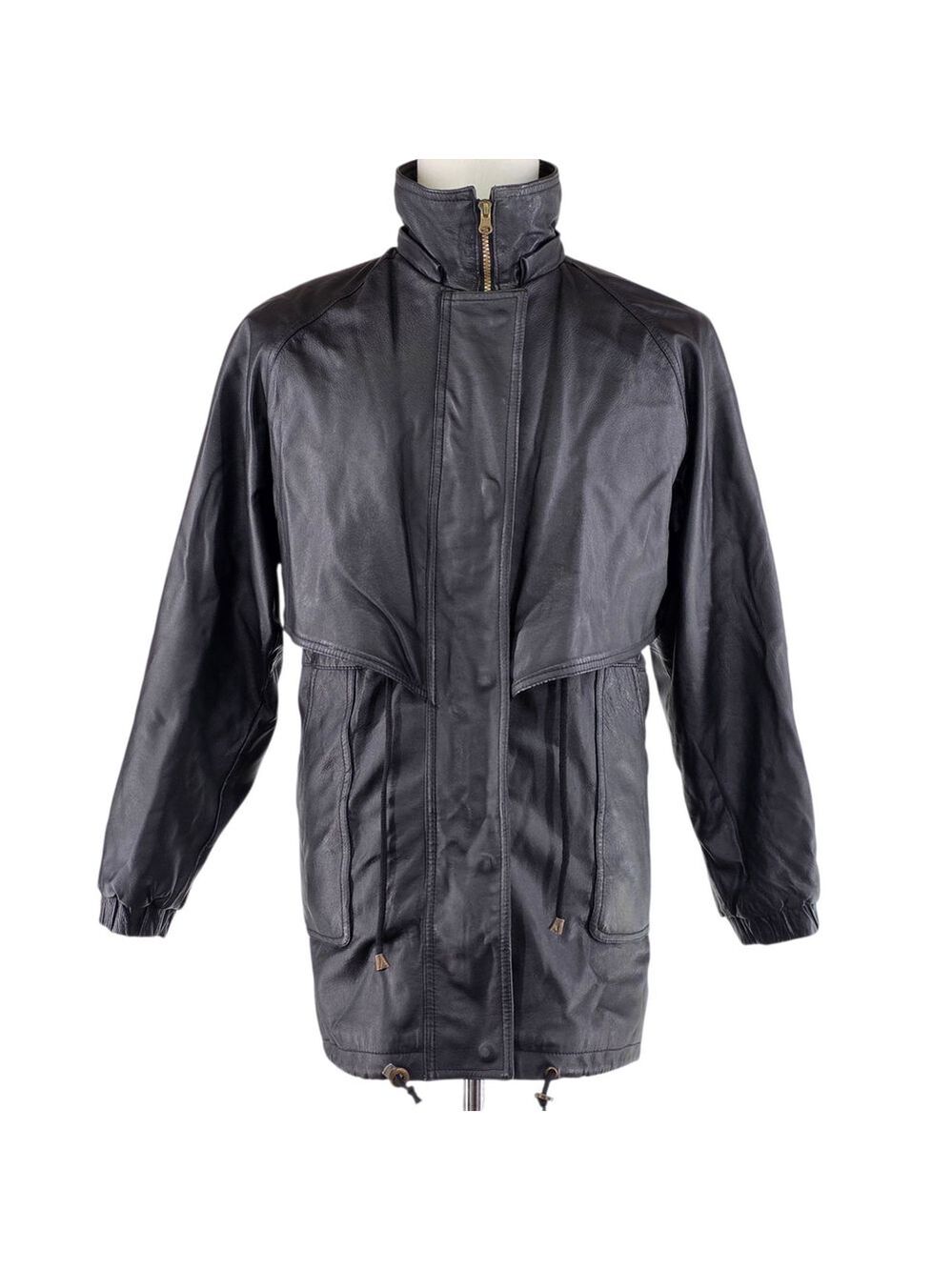 Leather Jacket Mens M Black 80s Trench Coat 100% Leather